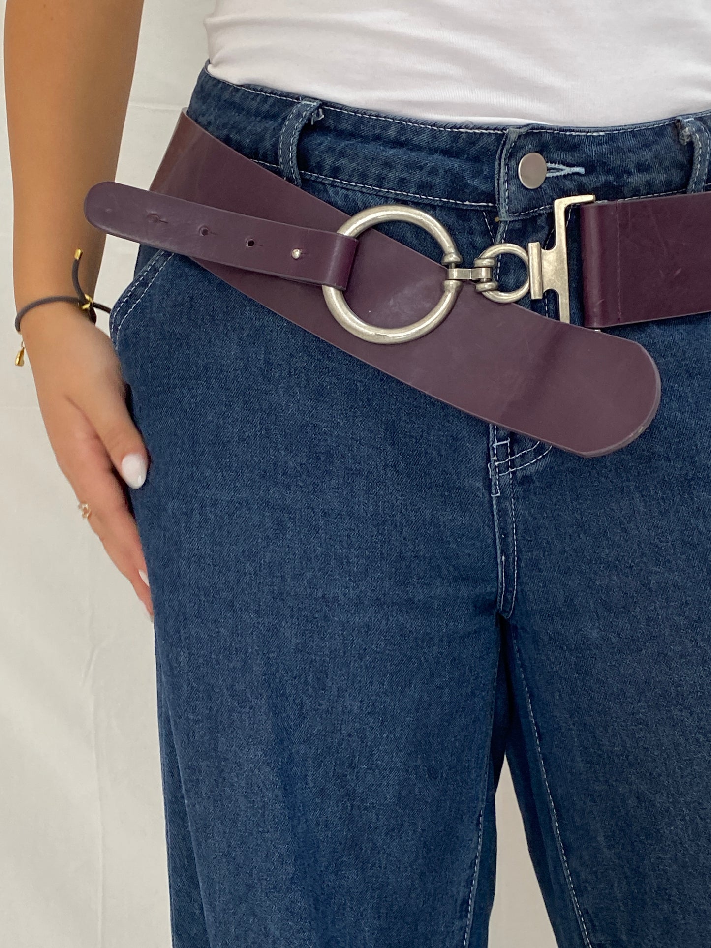 Vintage Wide Purple Genuine Leather Belt Oversized Silver Ring Clasp Y2K Waist Belt