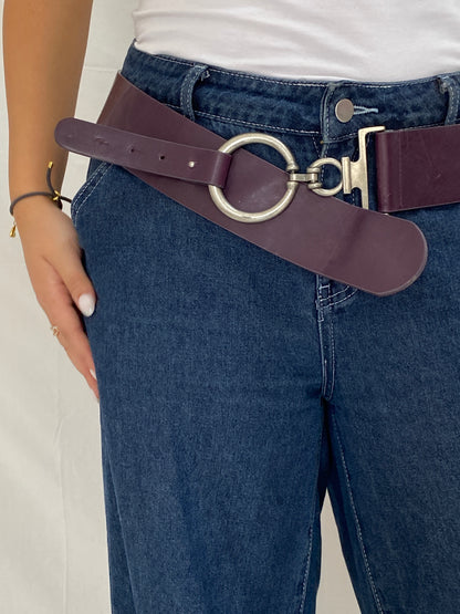 Vintage Wide Purple Genuine Leather Belt Oversized Silver Ring Clasp Y2K Waist Belt