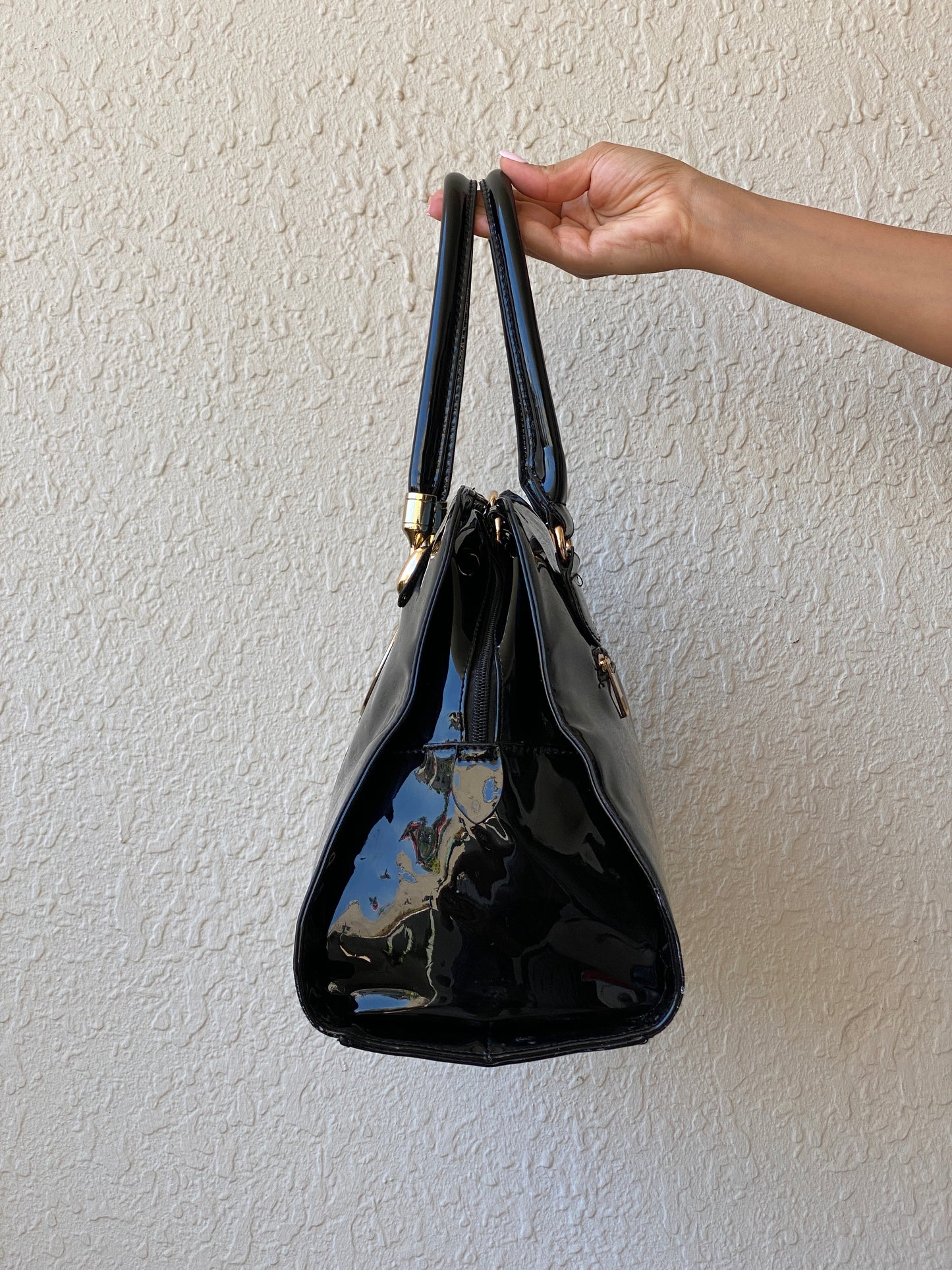 Y2K Black Patent Faux Leather Structured Shoulder Bag