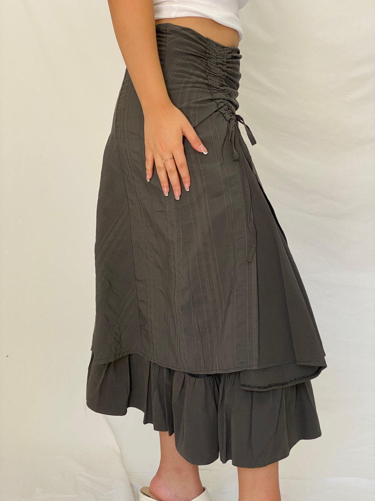 Y2K Whimsigoth Olive Green Ruched Layered Utility Midi Skirt – L Y2K Whimsigoth Olive Green Ruched Layered Utility Midi Skirt – L