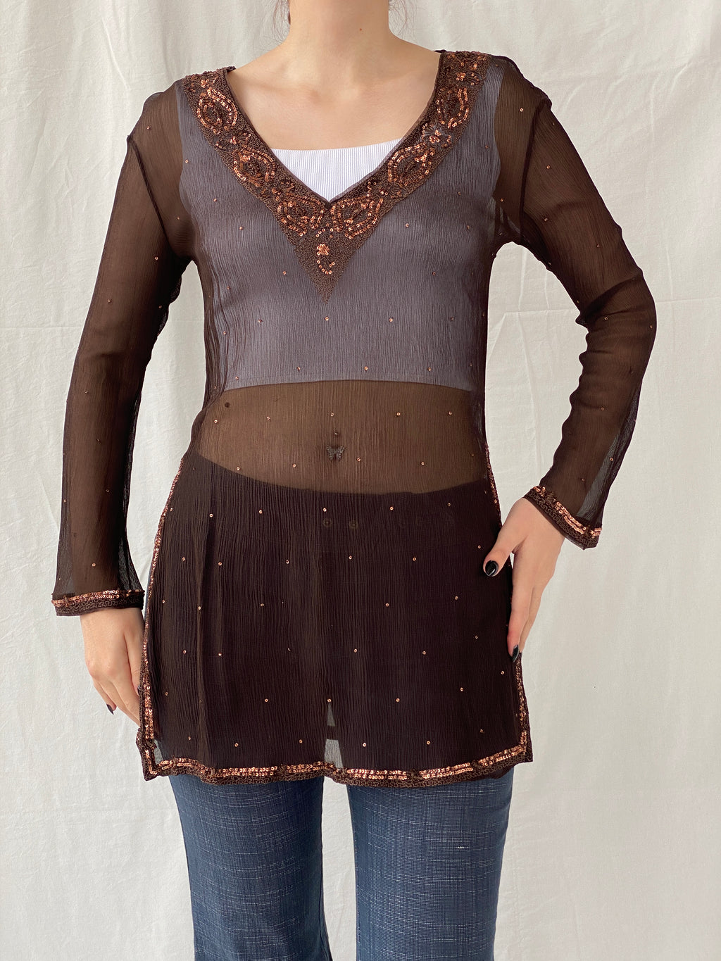 Subtle Luxury Autograph by Marks & Spencer Brown Sheer Silk Sequin Tunic Top Blouse - L