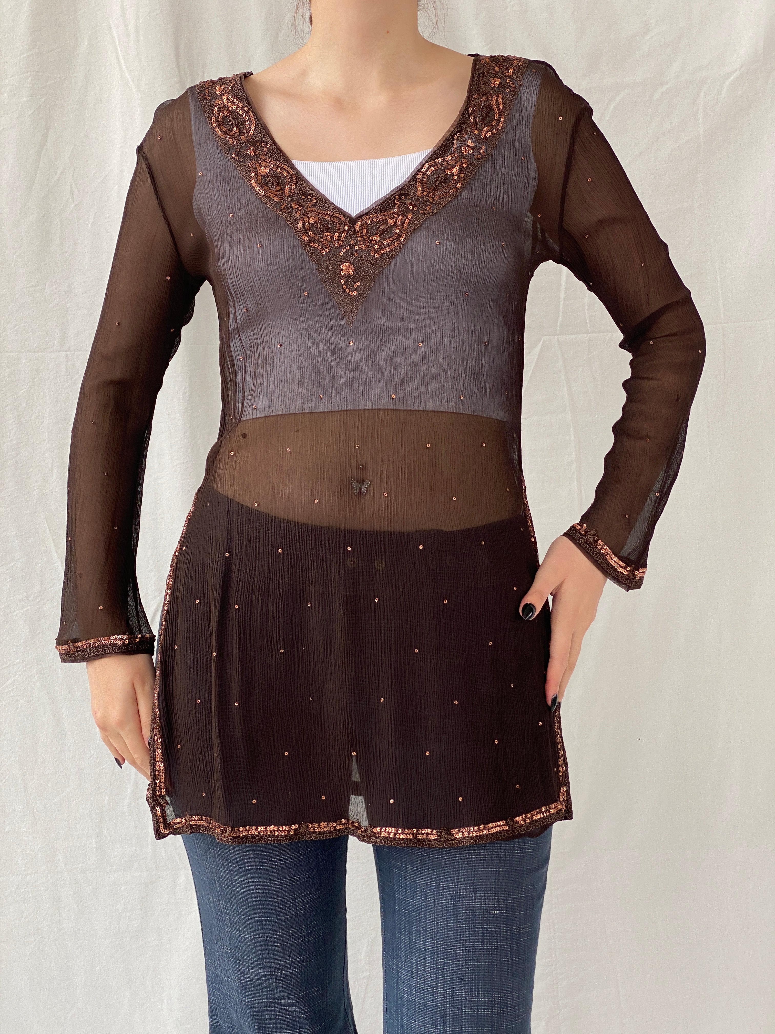 Subtle Luxury Autograph by Marks & Spencer Brown Sheer Silk Sequin Tunic Top Blouse - L