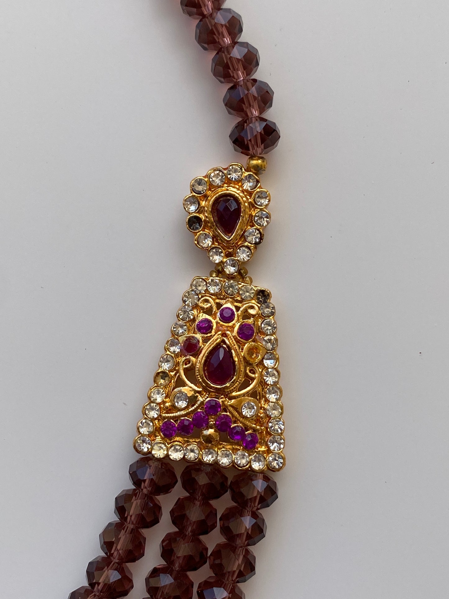 Vintage Jewellery Set Triple Strand Amethyst Crystal Bead Necklace with Rhinestone Gold Earrings