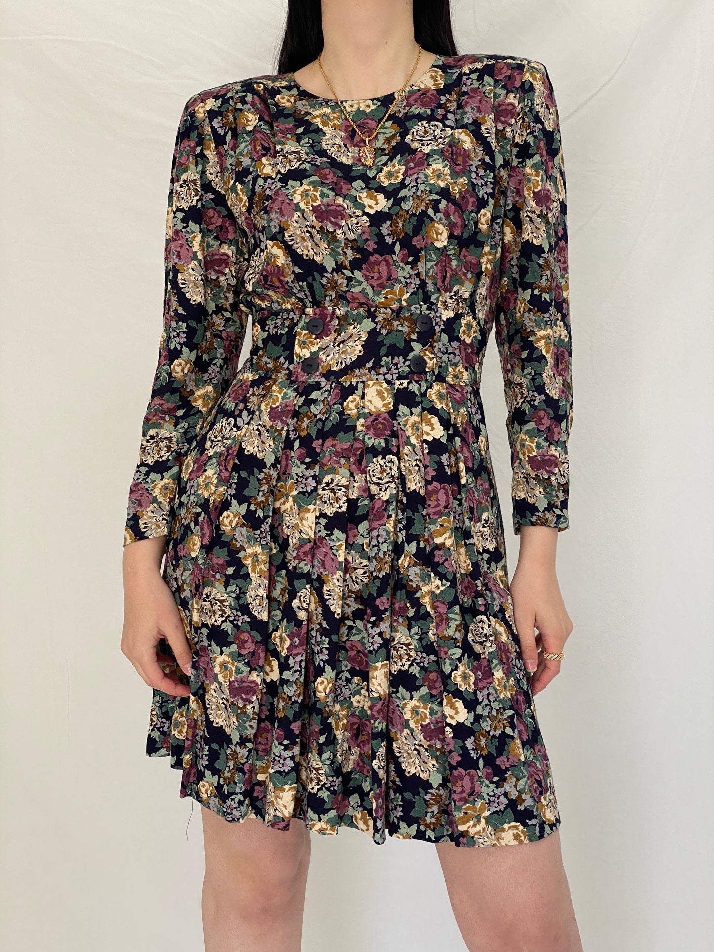 Vintage Petite Sophisticate Floral Dress Long Sleeve Fit & Flare Mini Dress, 90s Romantic Floral Dress - S