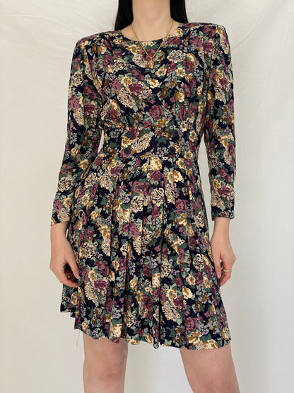 Vintage Petite Sophisticate Floral Dress Long Sleeve Fit & Flare Mini Dress, 90s Romantic Floral Dress - S