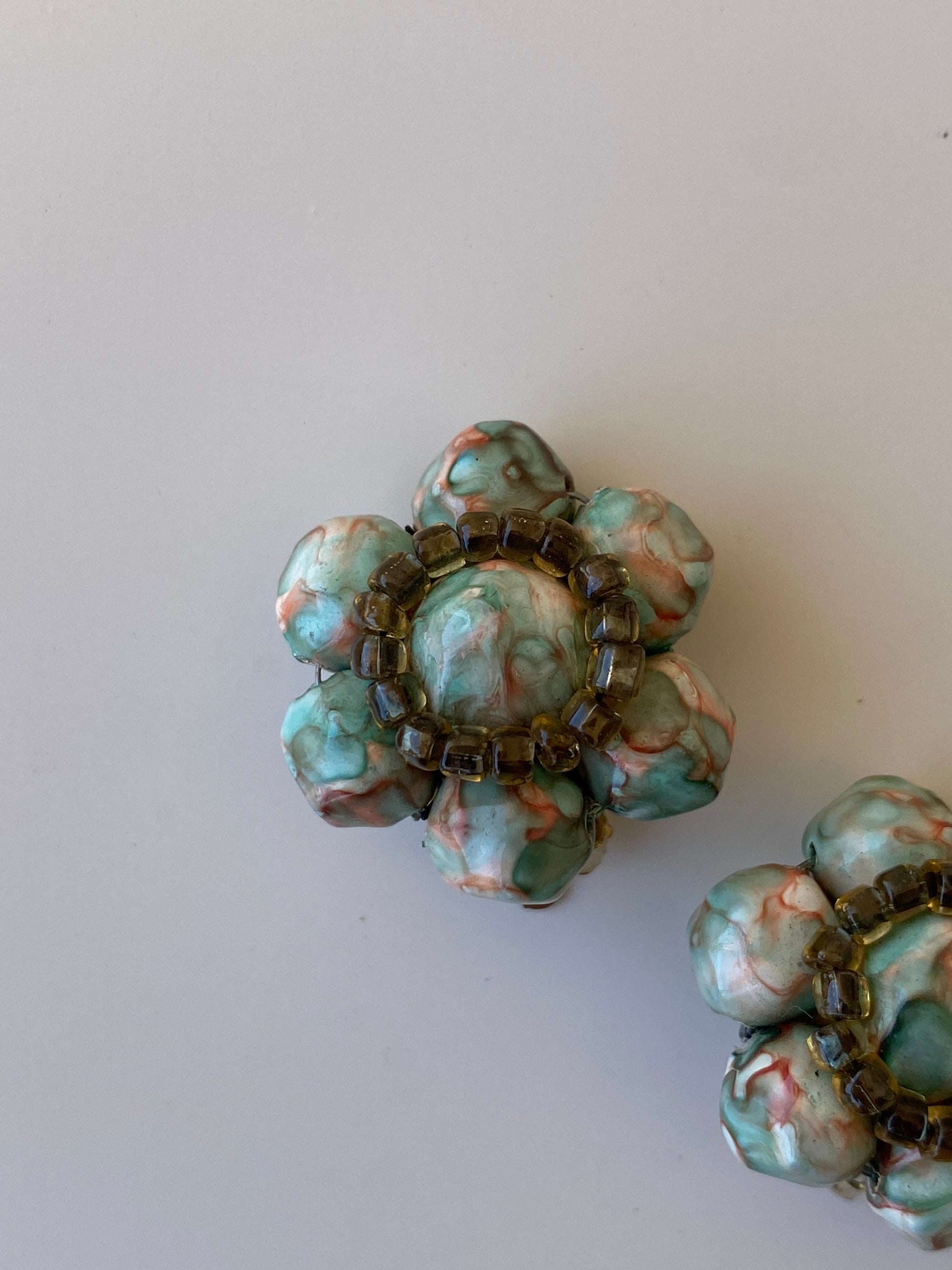 Vintage 1950s Pastel Beaded Floral Clip-On Earrings Turquoise Marble Lucite Cluster Statement Earrings Vintage 1950s Pastel Beaded Floral Clip-On Earrings Turquoise Marble Lucite Cluster Statement Earrings