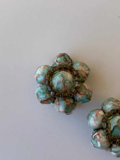 Vintage 1950s Pastel Beaded Floral Clip-On Earrings Turquoise Marble Lucite Cluster Statement Earrings