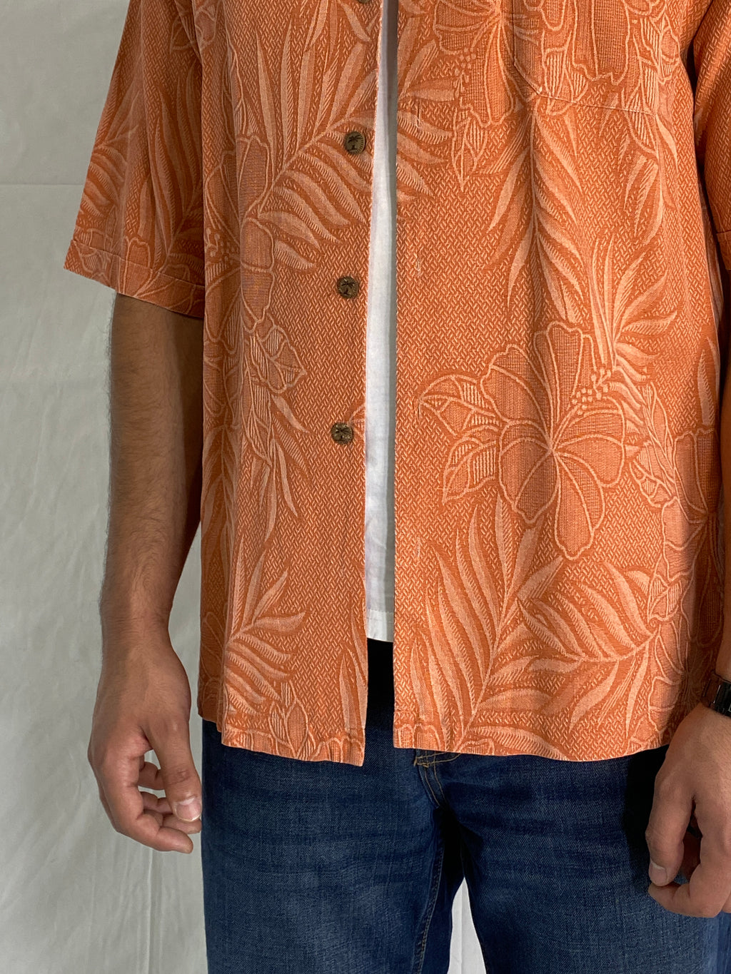 Jamaica Jaxx Silk Orange Hawaiian Camp Tropical Floral Print Men’s Short Sleeve Shirt - M