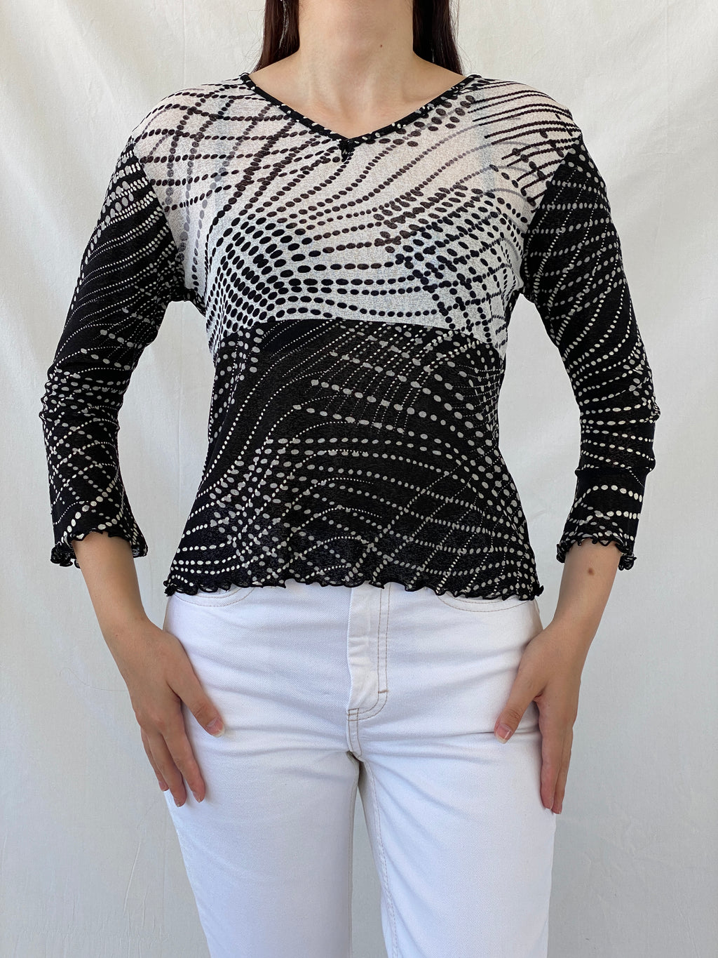 Vintage 90s SOLO Italy Black White Polka Dot Long Sleeve Mesh Top - L