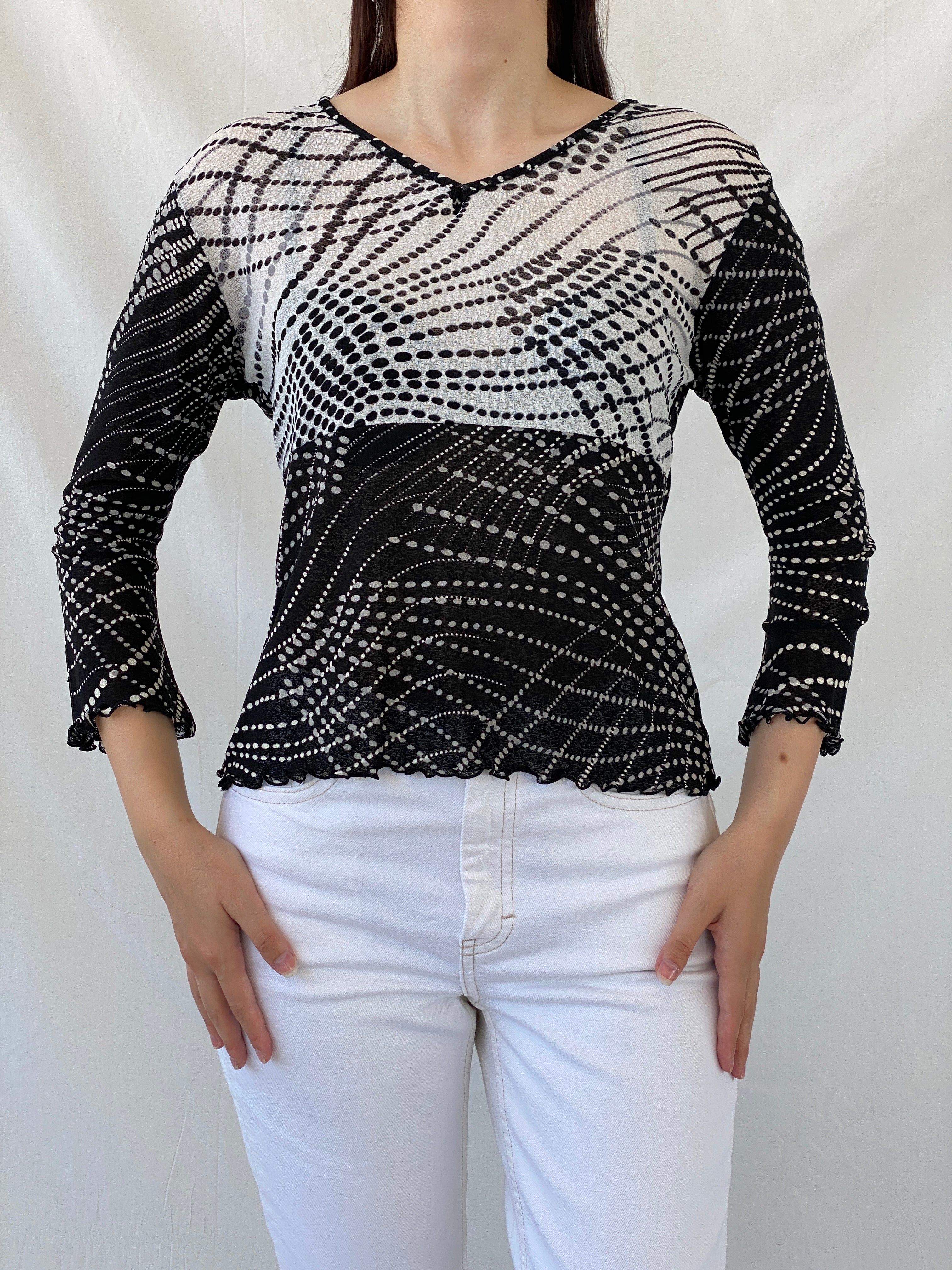 Vintage 90s SOLO Italy Black White Polka Dot Long Sleeve Mesh Top - L
