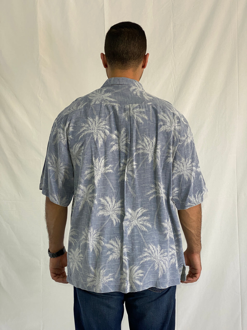 Vintage Jamaica Jaxx 100% Silk Palm Tree Print Shirt Blue Tropical Resort Shirt - XL
