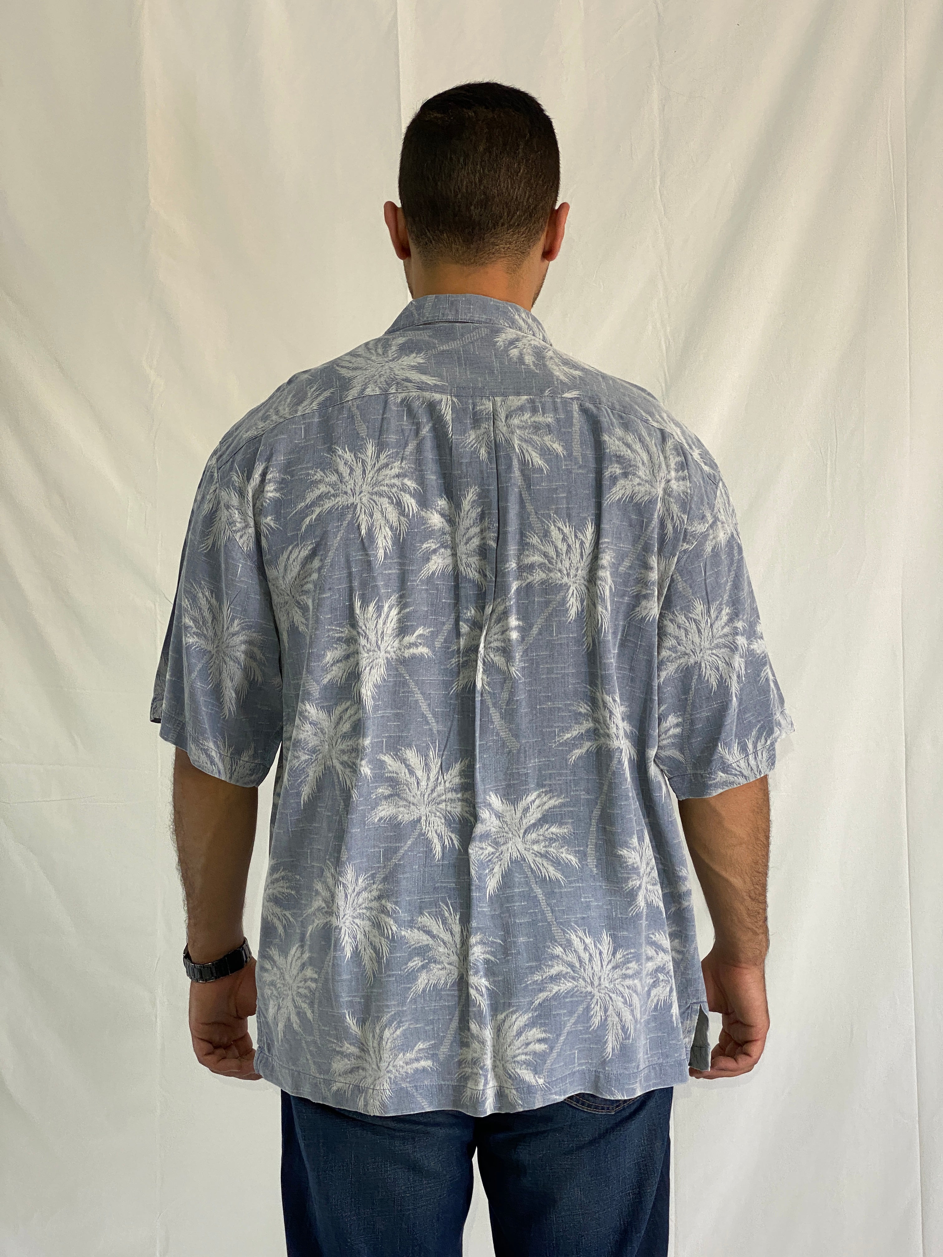 Vintage Jamaica Jaxx 100% Silk Palm Tree Print Shirt Blue Tropical Resort Shirt - XL