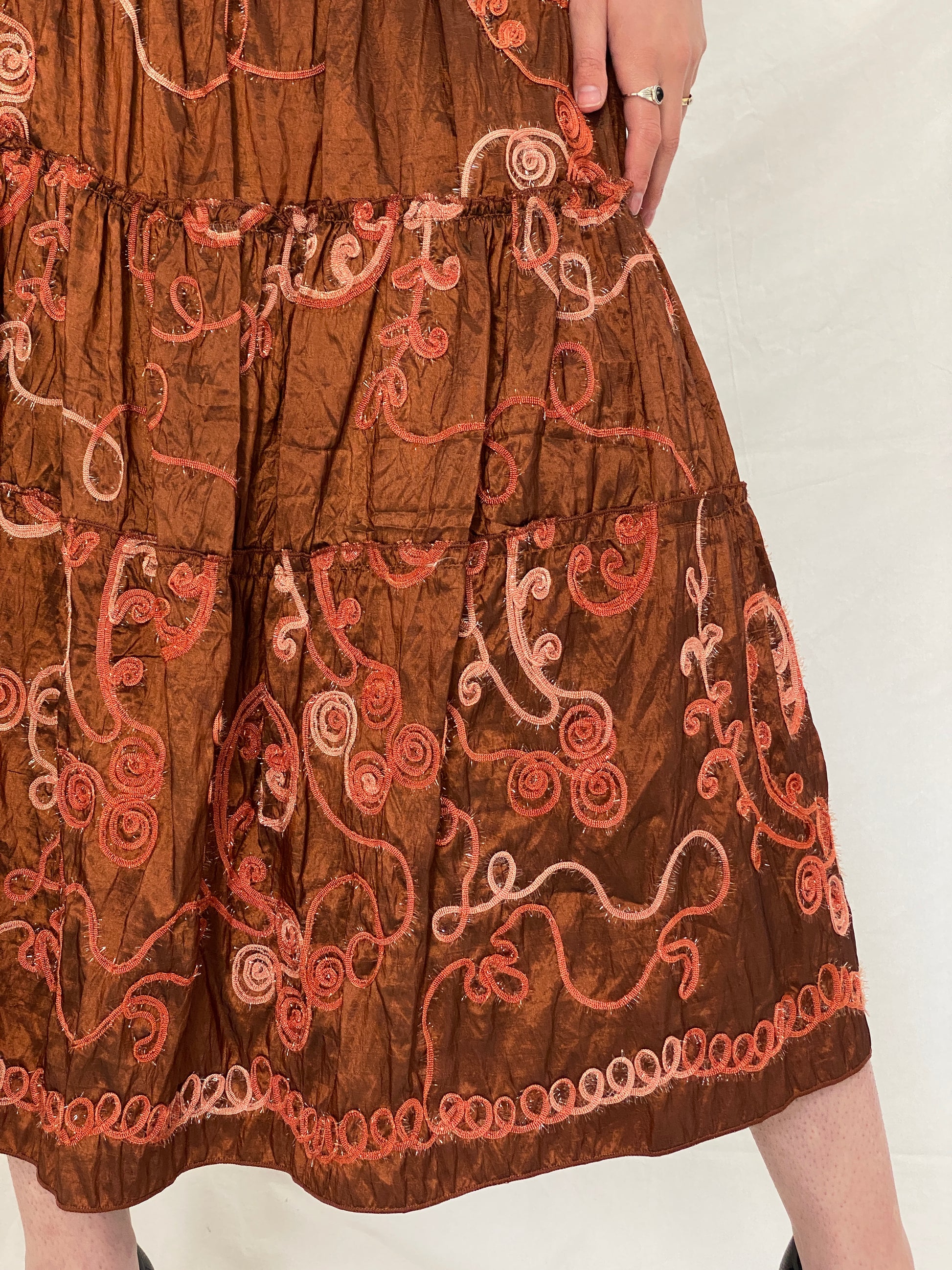 Vintage Over 16 Embroidered Metallic Brown Wrap Halter Top & Tiered Midi Skirt Co-ord Set - M Vintage Over 16 Embroidered Metallic Brown Wrap Halter Top & Tiered Midi Skirt Co-ord Set - M