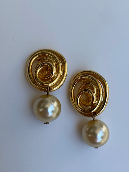Vintage N.J. Norma Jean Gold-Tone Faux Pearl Clip-On Drop Earrings