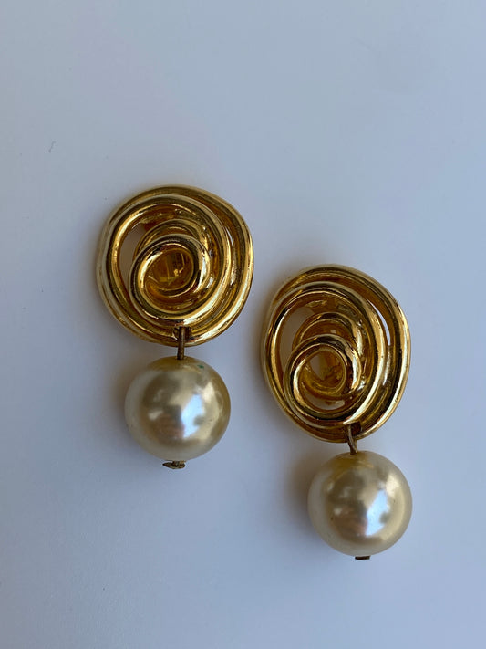 Vintage N.J. Norma Jean Gold-Tone Faux Pearl Clip-On Drop Earrings