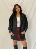 Vintage 80s Black Genuine Leather Longline Coat with Embossed Panels Oversized Fit - L