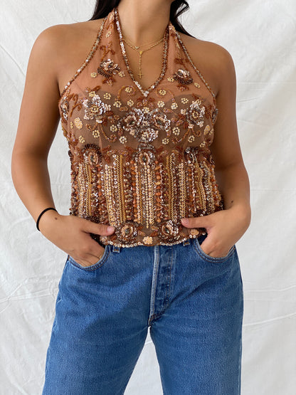 Vintage Beaded Sheer Halter Top - M