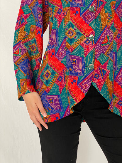 Vintage 90s Handmade Tribal Pop Statement Blazer Multicolor Geometric Art Jacket – L