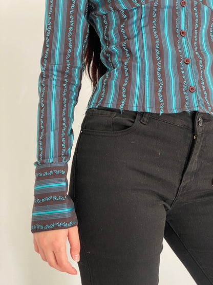 Vintage Y2K Style Turquoise & Brown Striped Fitted Button-Up Shirt - M