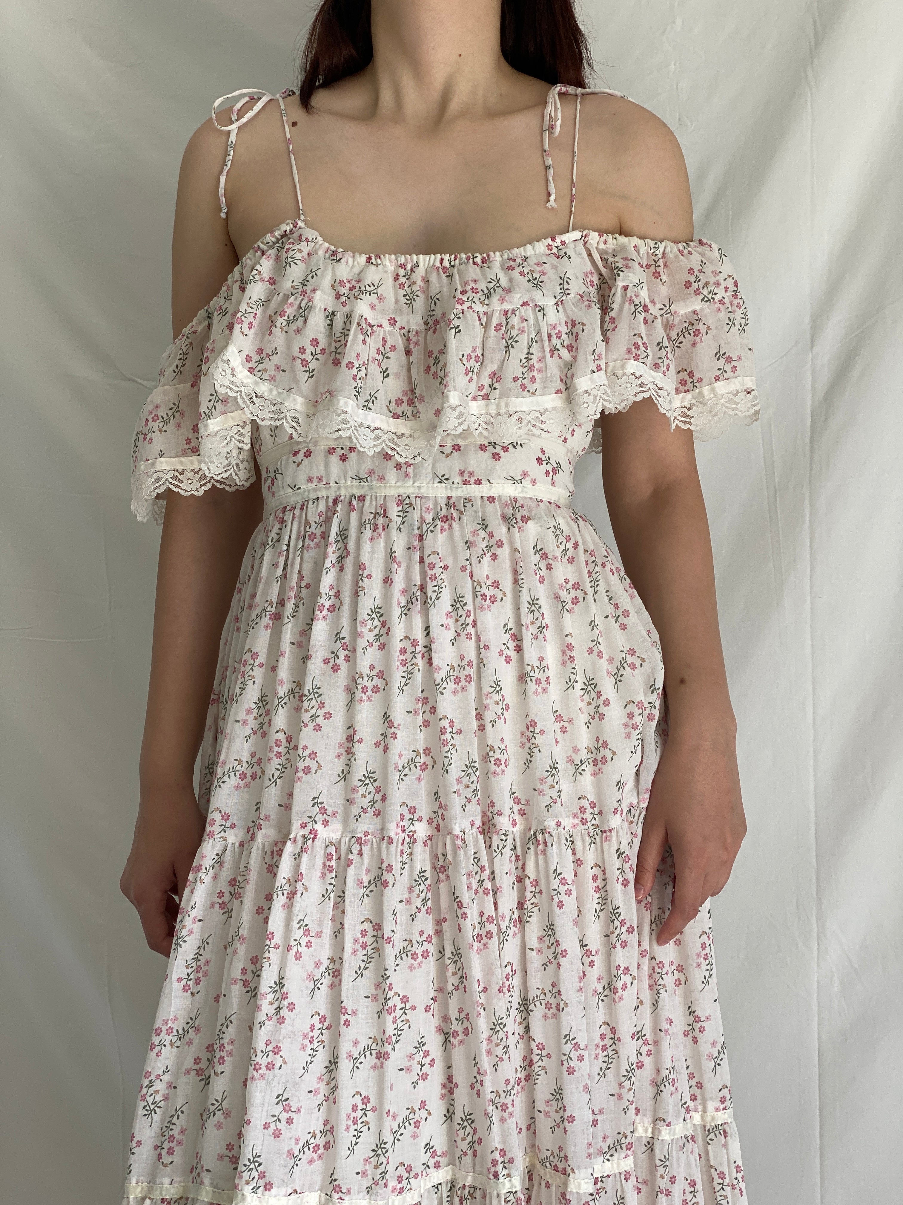 Vintage Gunne Sax by Jessica San Francisco Floral Cottagecore Maxi Dress Off Shoulder Ruffle Lace Prairie Gown - M