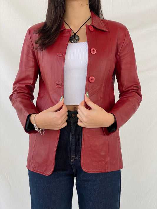 Vintage Lapin Red Genuine Leather Buttoned Blazer Jacket - S