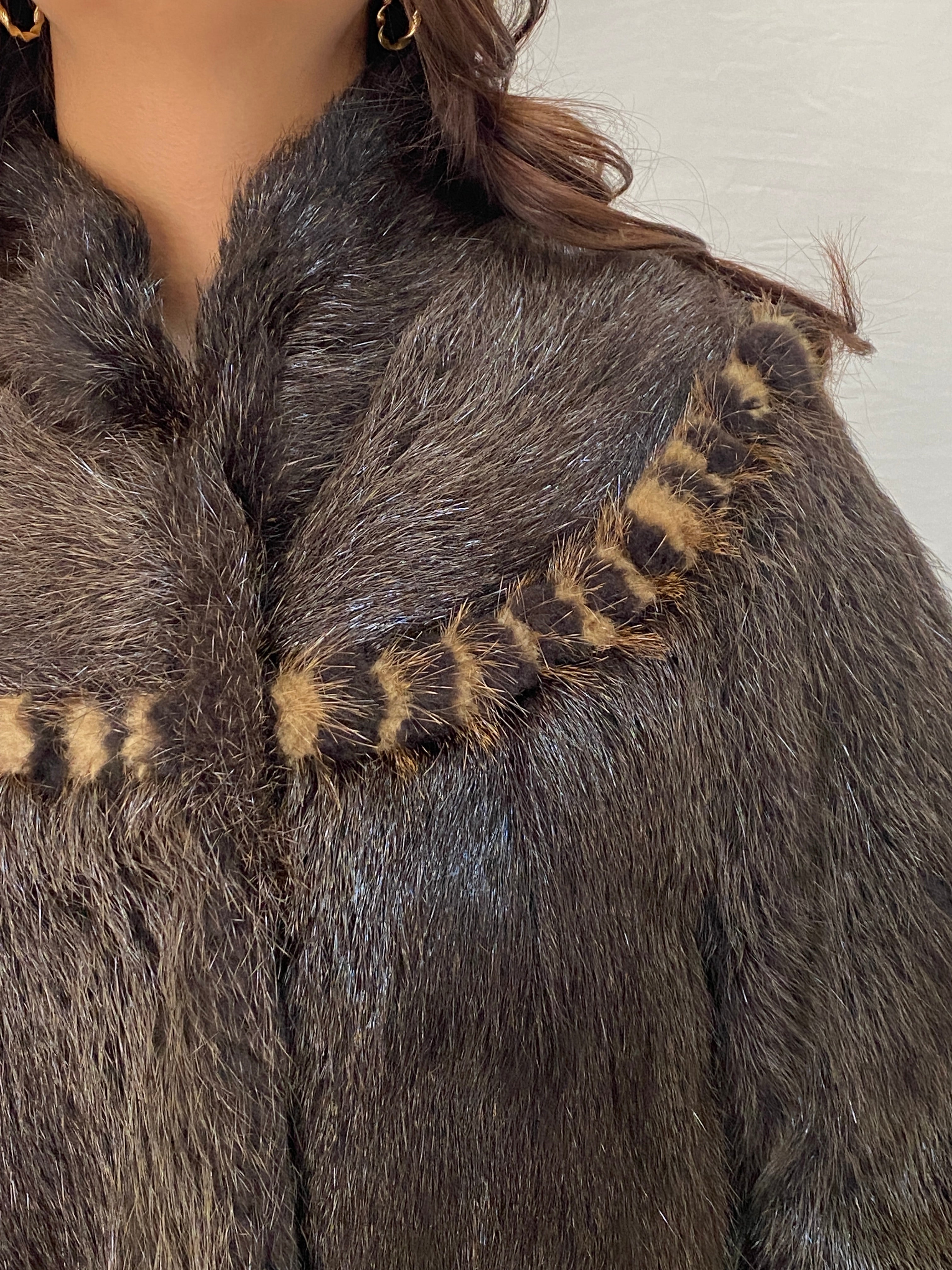 Vintage Real Raccoon Fur Coat Dark Brown Long-Hair Luxury Winter Jacket - L