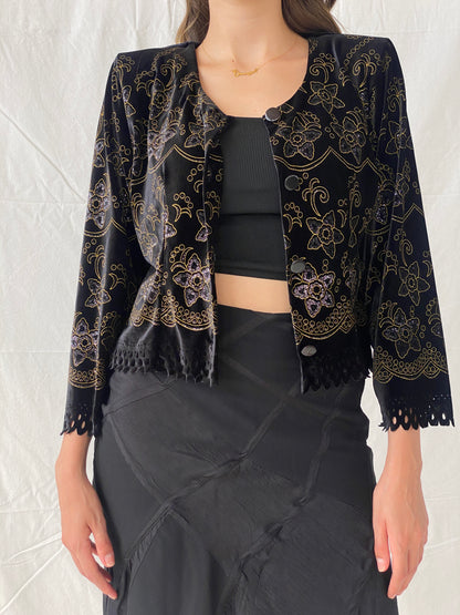 Vintage 80s/90s Black Velvet Button Front Cardigan With Gold Floral Details - M