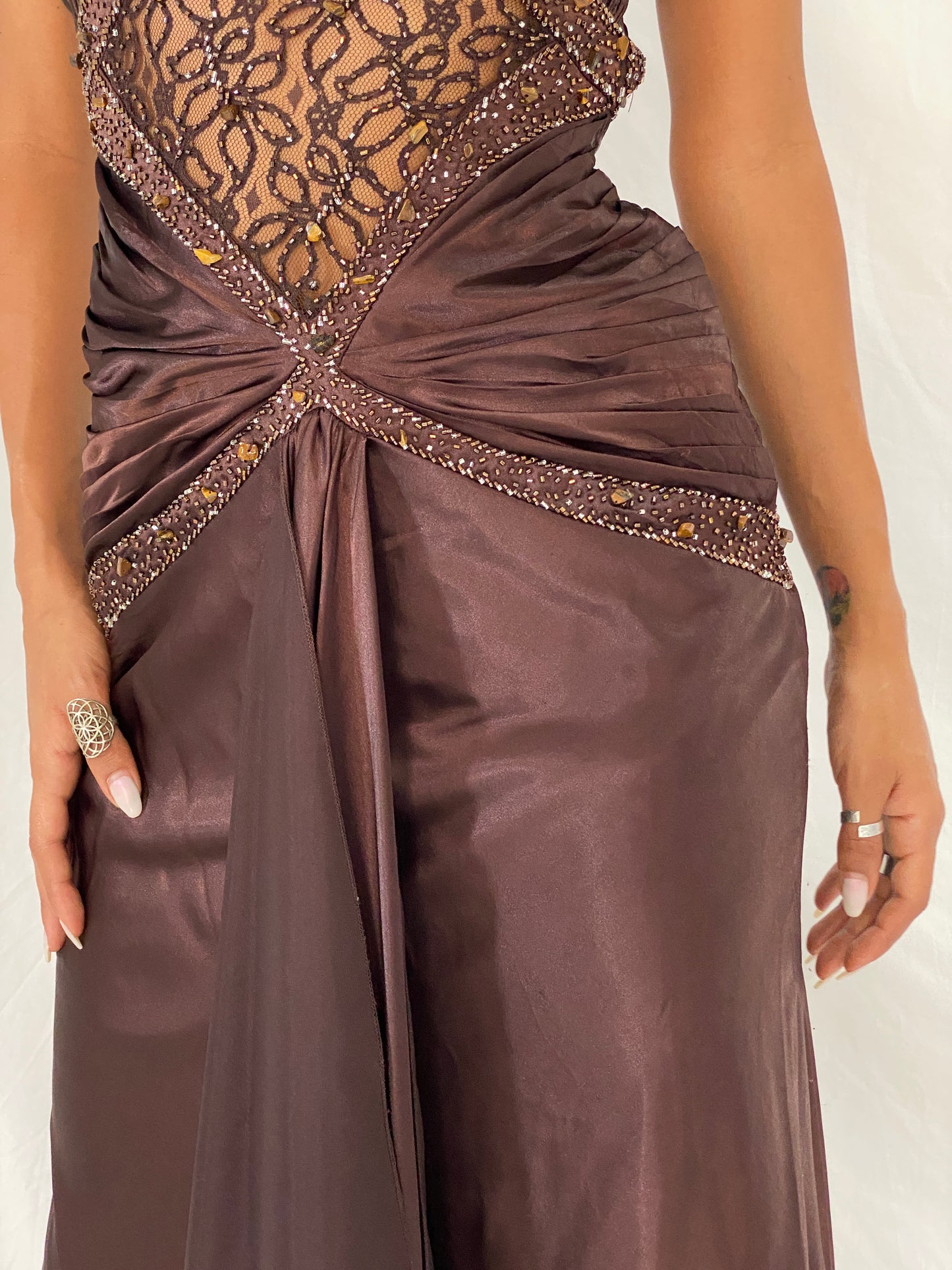 Vintage Y2K Alyce Designs Brown Satin Beaded Lace Cutout Formal Maxi Dress - XS