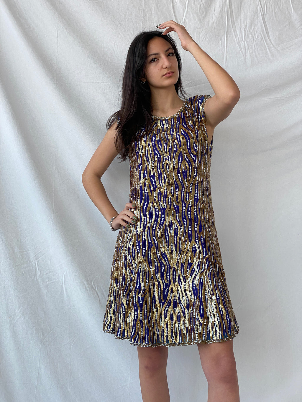 Vintage Razzle Dazzle Pure Silk Blue Gold Sequin Boxy Midi Dress - M