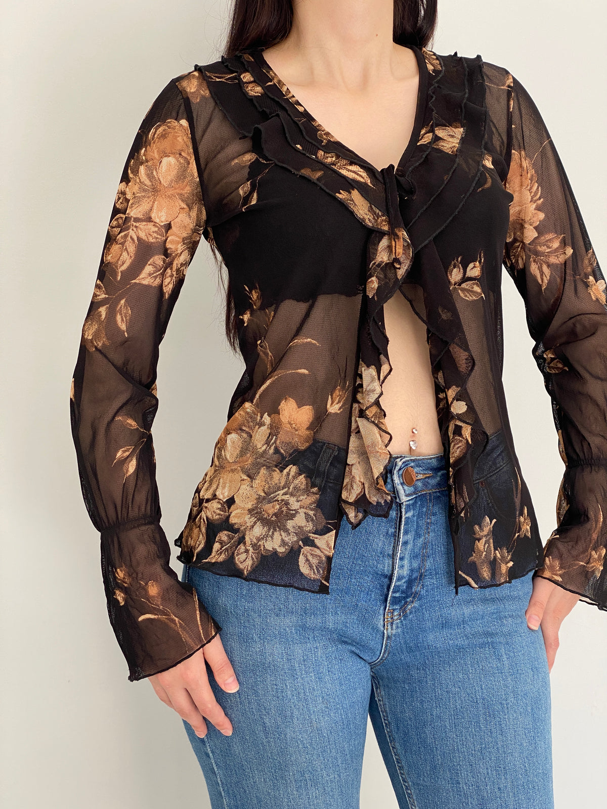 Vintage Y2K Surrender Women Black & Brown Floral Sheer Mesh Ruffle Blouse - M