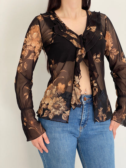 Vintage Y2K Surrender Women Black & Brown Floral Sheer Mesh Ruffle Blouse - M