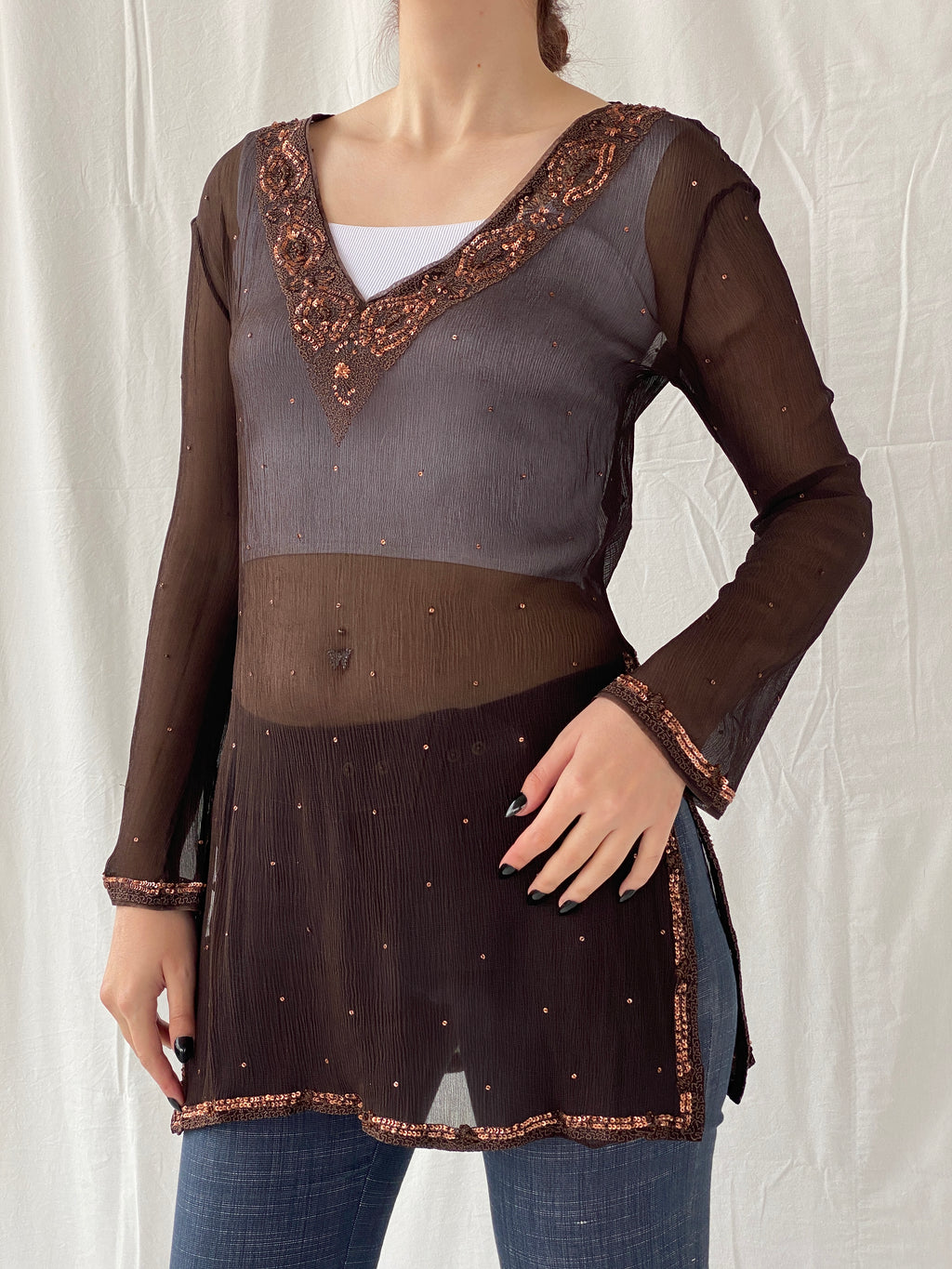 Subtle Luxury Autograph by Marks & Spencer Brown Sheer Silk Sequin Tunic Top Blouse - L