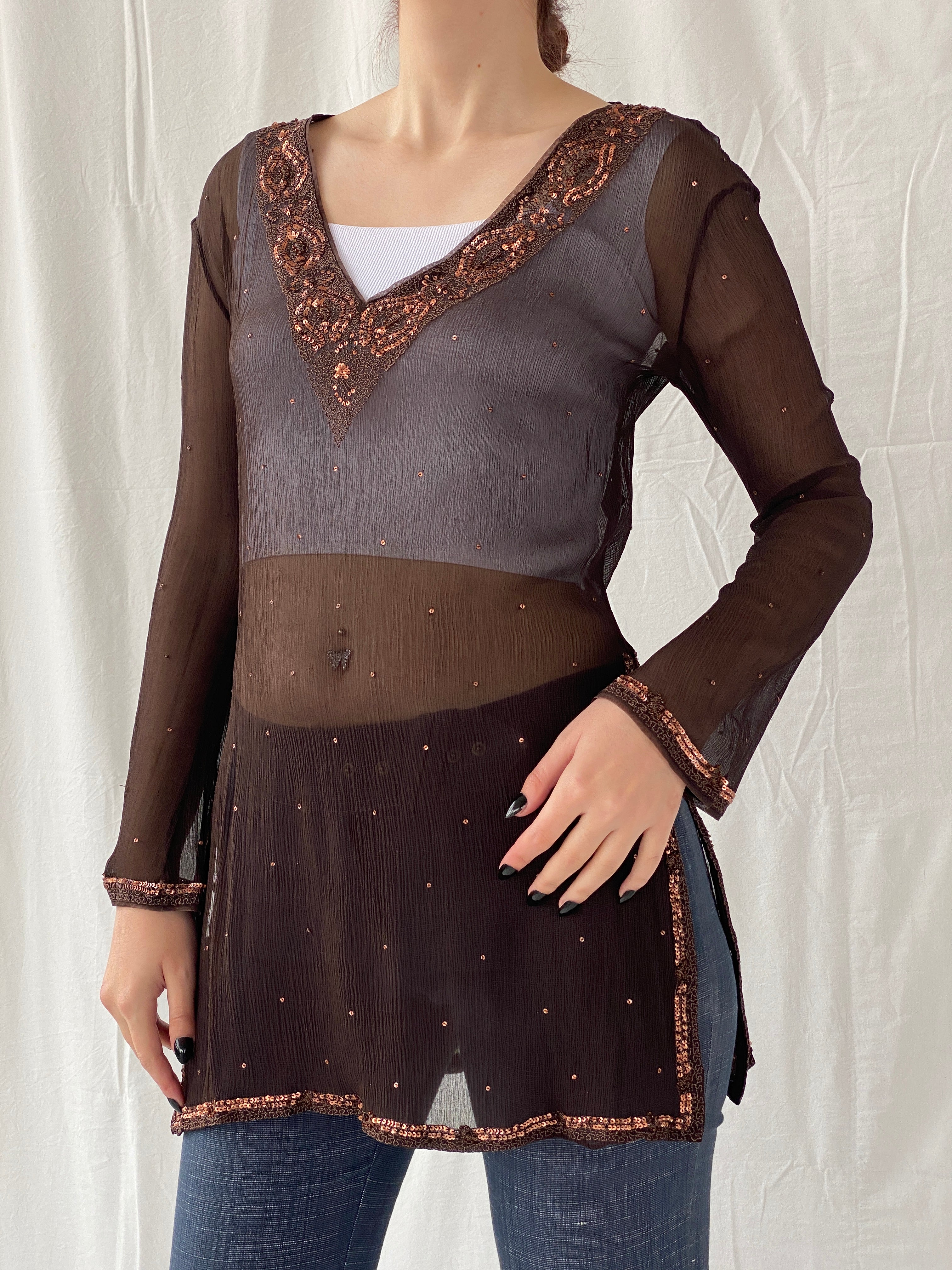 Subtle Luxury Autograph by Marks & Spencer Brown Sheer Silk Sequin Tunic Top Blouse - L