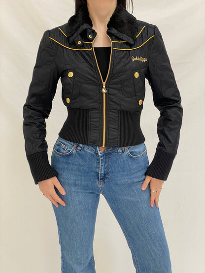 Y2K Core Golddigga Black Cropped Puffer Jacket Faux Fur Collar Gold Details - S