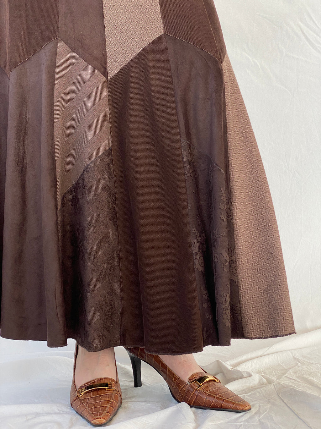 Y2K Per Una Patchwork Brown Cord Velvet Maxi Skirt - L