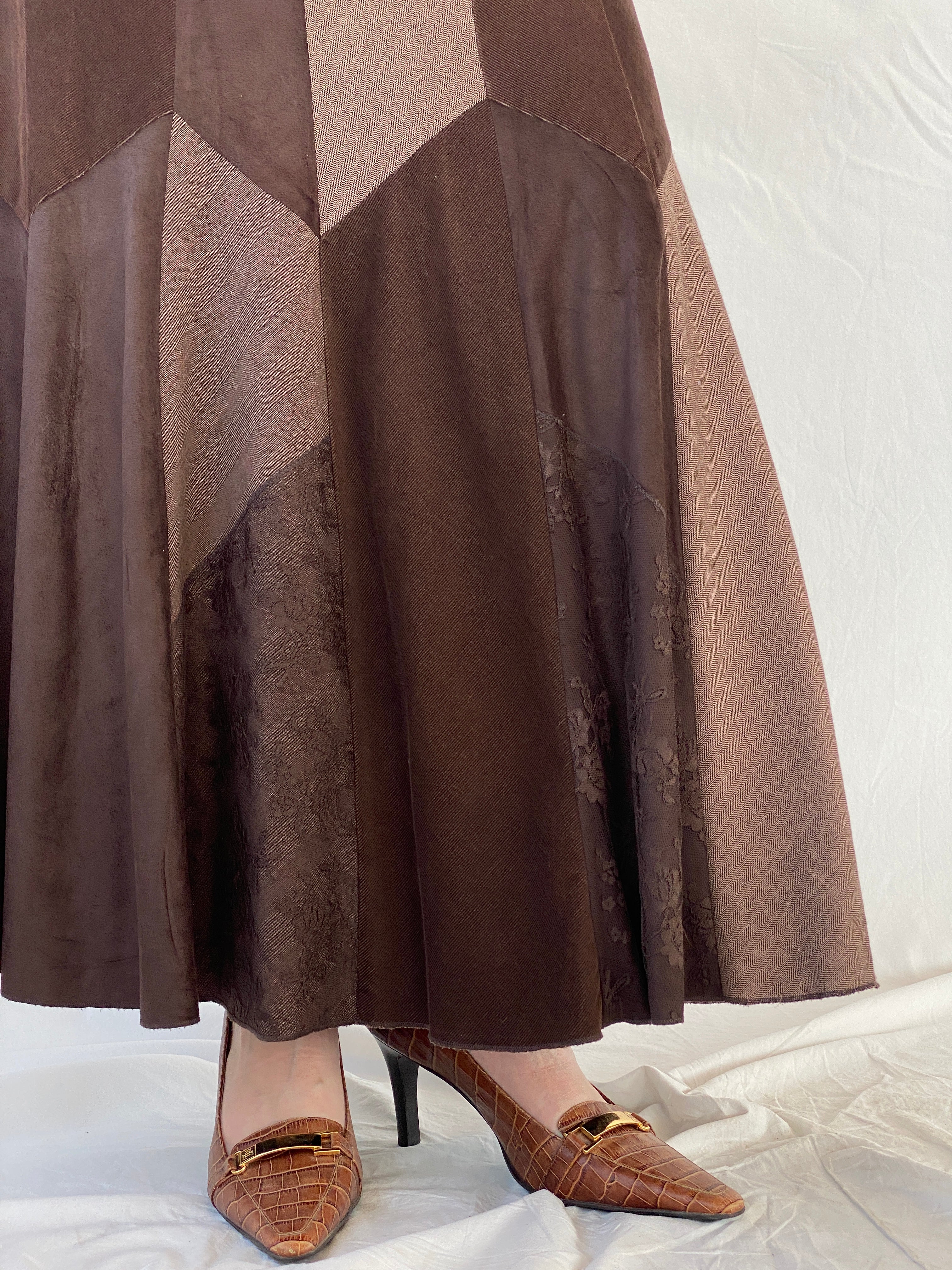 Y2K Per Una Patchwork Brown Cord Velvet Maxi Skirt - L