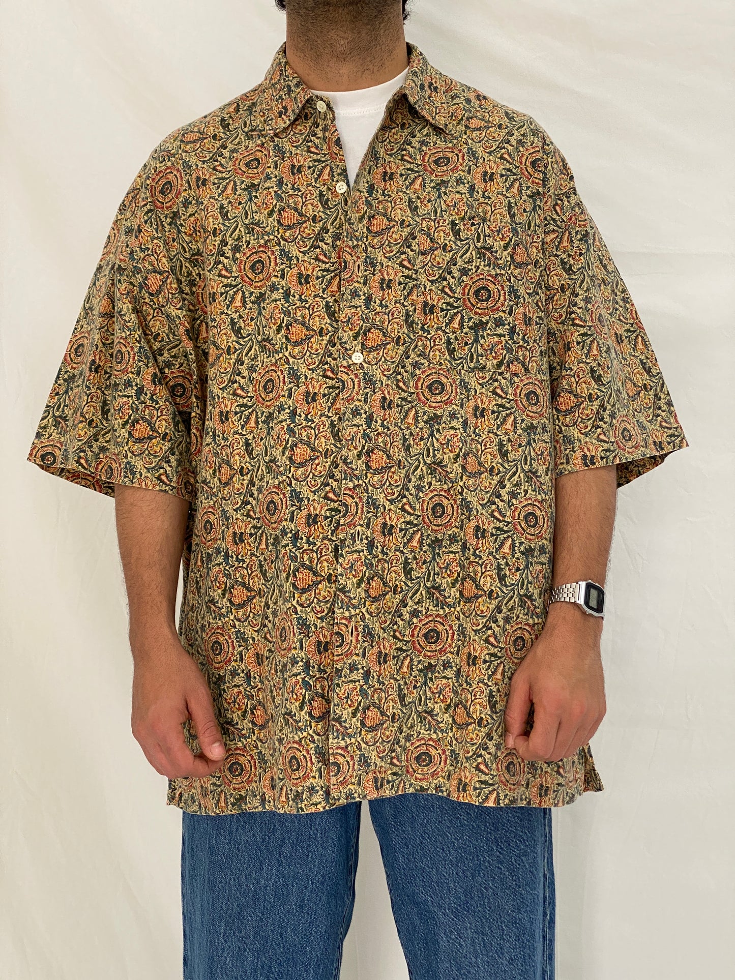 Vintage 90s Britches Floral Linen Cotton Blend Shirt Beige Botanical Button Up – XL
