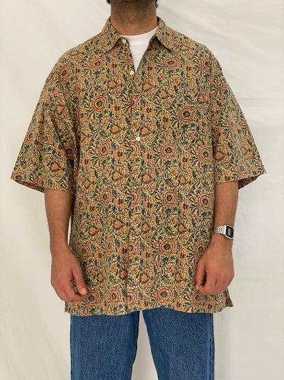 Vintage 90s Britches Floral Linen Cotton Blend Shirt Beige Botanical Button Up – XL