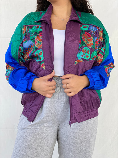 Vintage 80s/90s Active Studio by Div Rousso Quilted Green & Purple Track Windbreaker Jacket - M