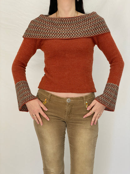 Y2K BANKO Orange Knit Sweater Top with Textured Collar & Flared Cuffs - M