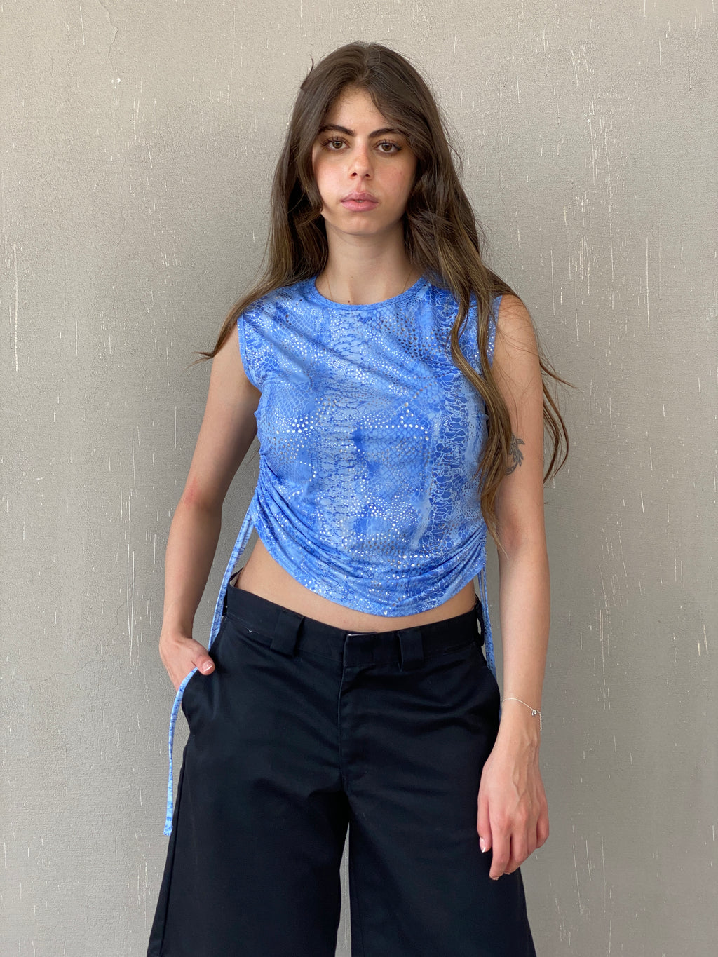 Y2K Festival Blue and Silver Ruched Sides Sleeveless Top - M