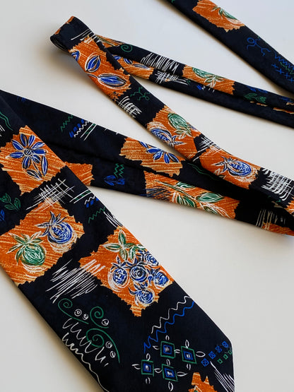 Vintage 90s T Fashion Black Orange Floral Abstract Wide Necktie
