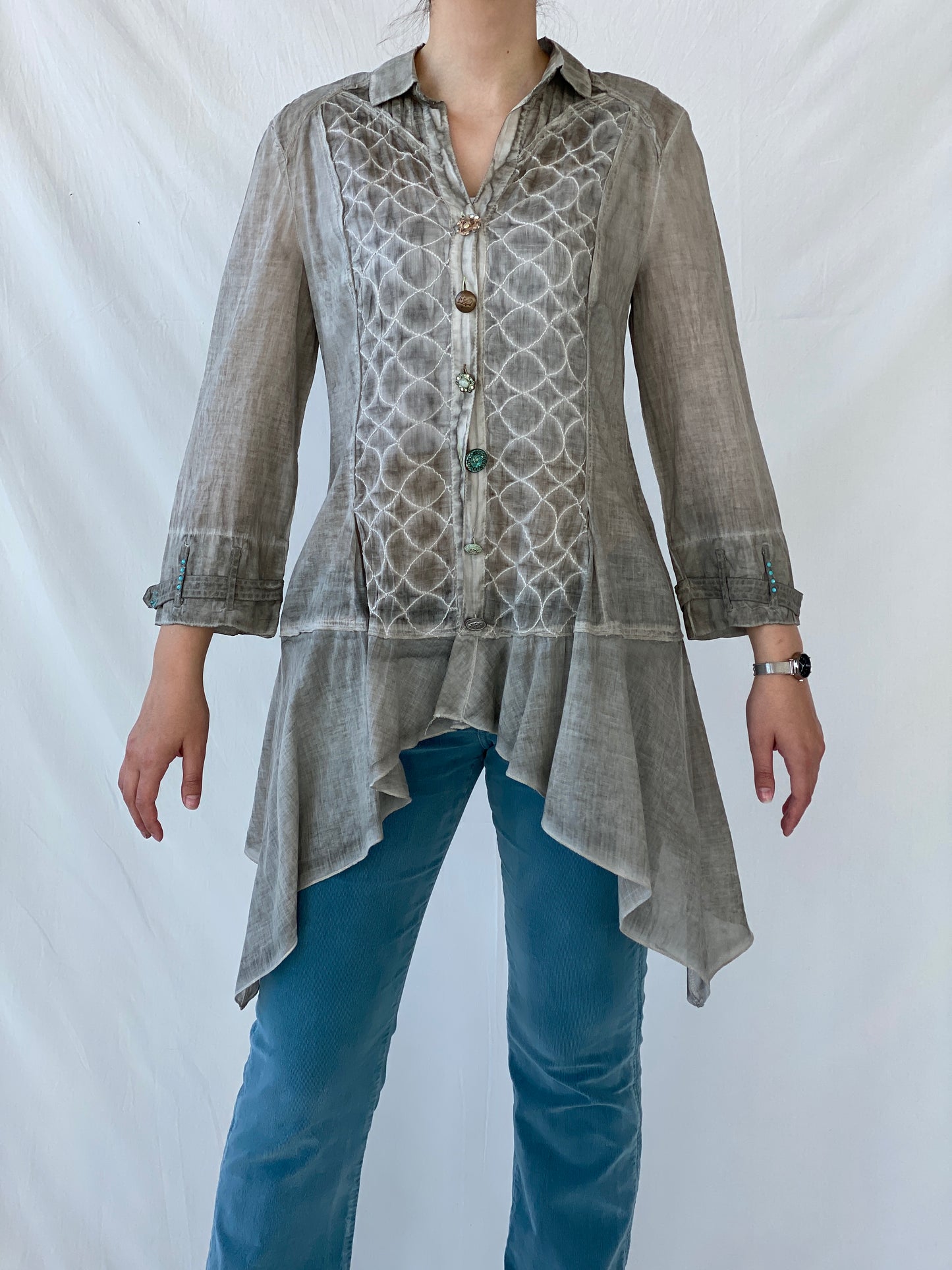 Vintage Elisa Cavaletti Designer Sheer Cotton Whimsygoth Gray Shirt - L