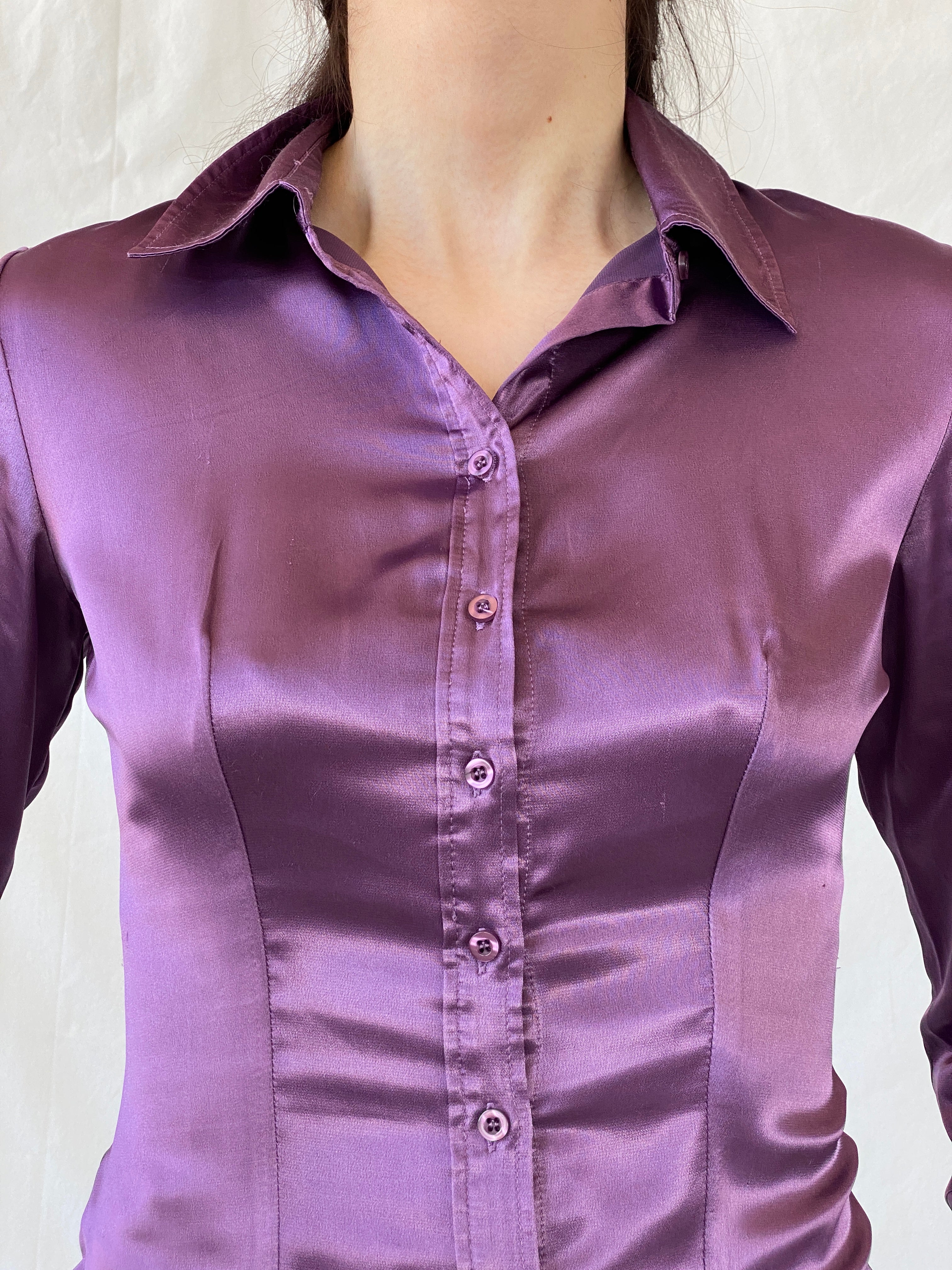 قميص نسائي بأكمام طويلة من الساتان أرجواني Y2K Camaîeu - مقاس صغير