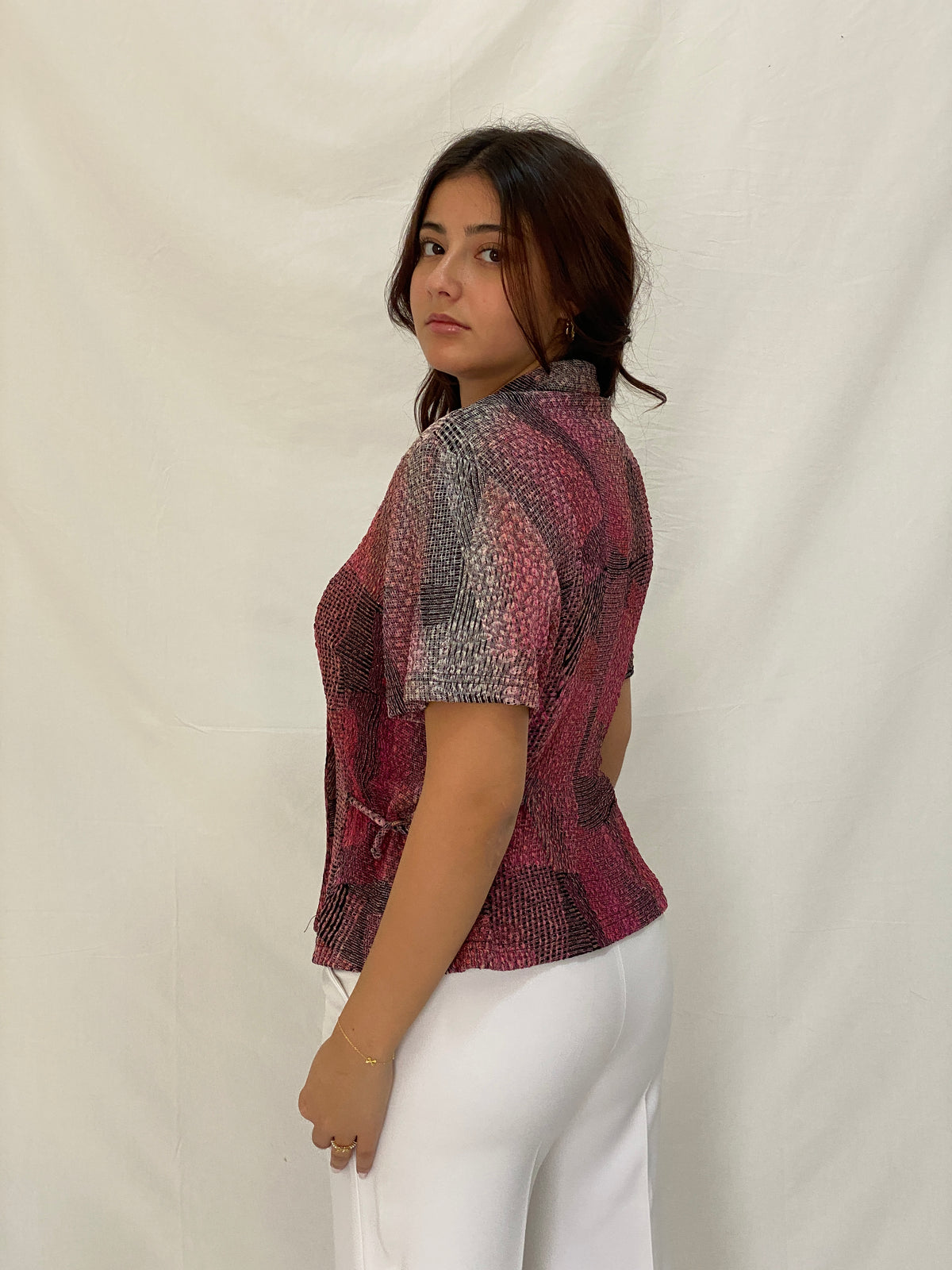 Vintage Positive Attitude Abstract Pink Button-Down Blouse Short Sleeve 90s Shirt - XL Vintage Positive Attitude Abstract Pink Button-Down Blouse Short Sleeve 90s Shirt - XL
