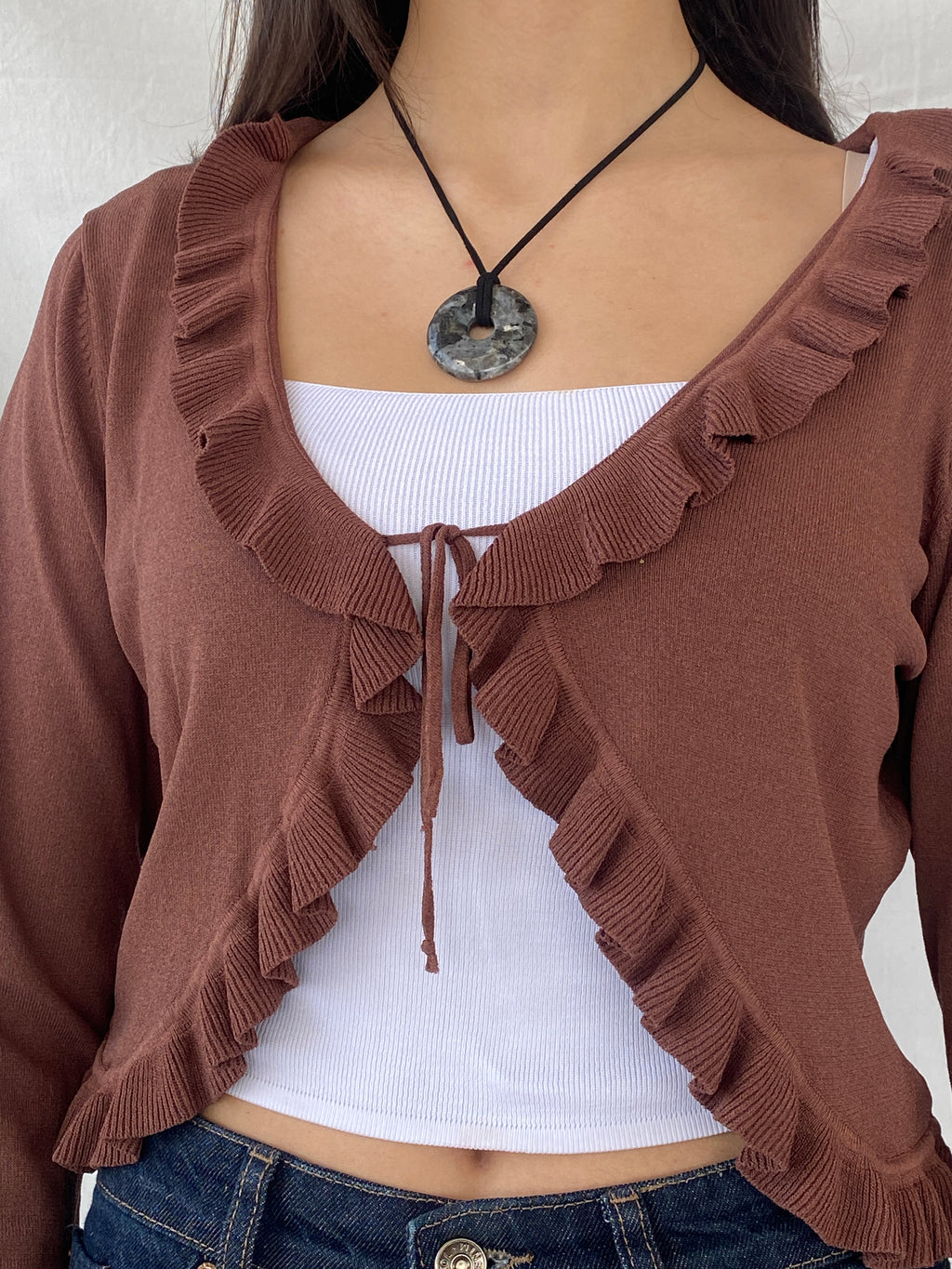 00s Jacqueline Riu Brown Ruffled Trim Tie Front Cropped Cardigan - L