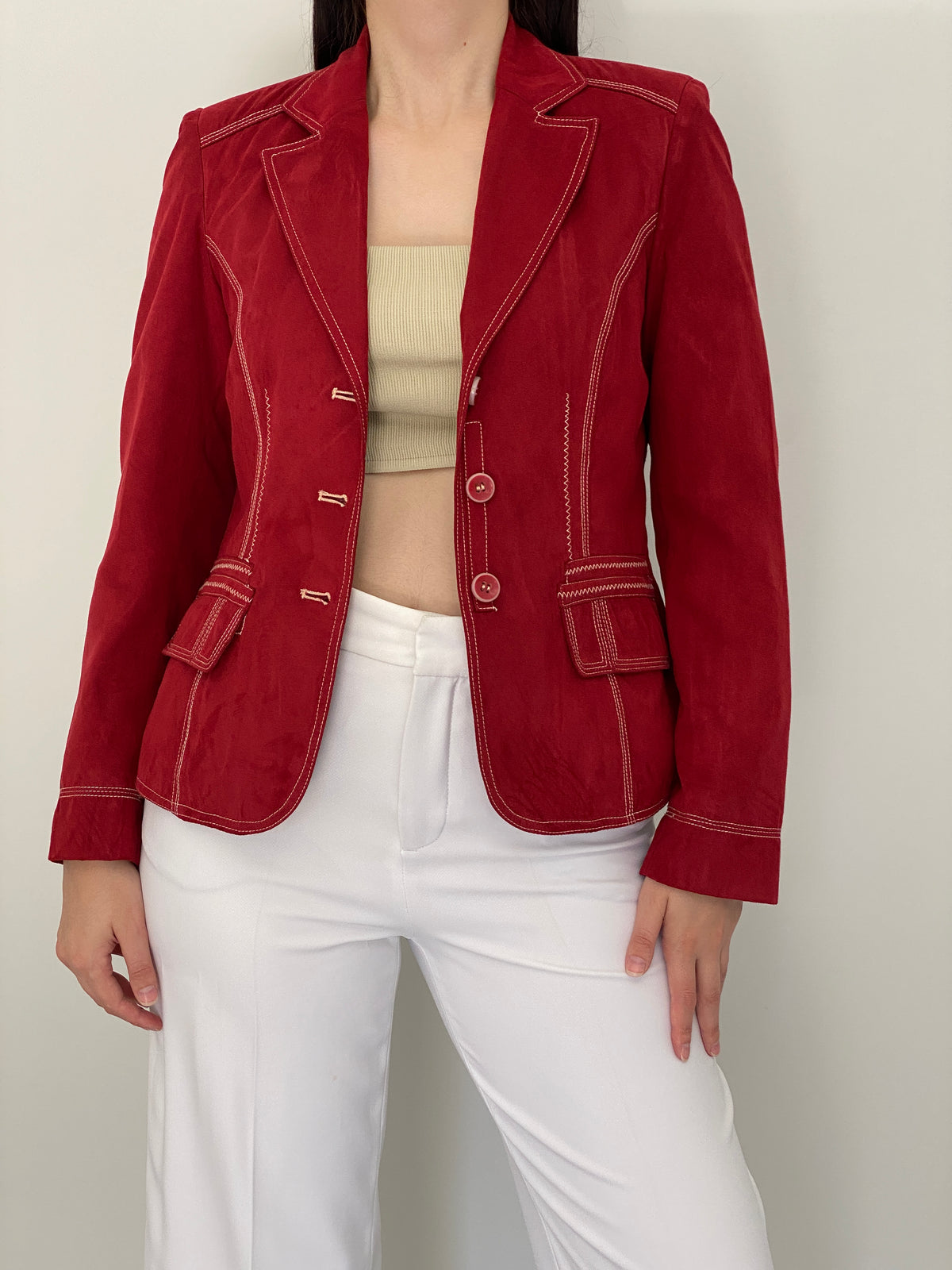 Vintage Baroness Woman Red Faux Suede Contrast Stitch Tailored Blazer – L