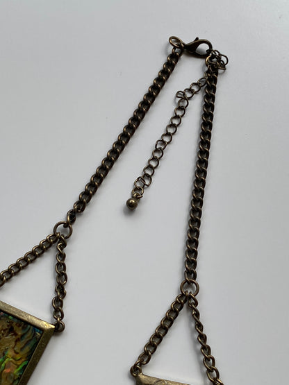 Vintage Y2K–Boho Abalone Shell & Antiqued Brass Triple Draped Chain Statement Necklace