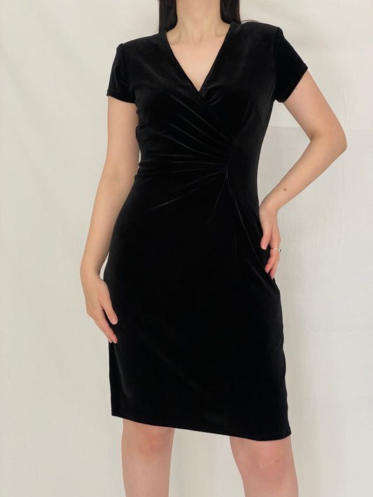 Vintage Amanda Lane Black Velvet Ruched 90s Minimal Evening Mini Dress – S