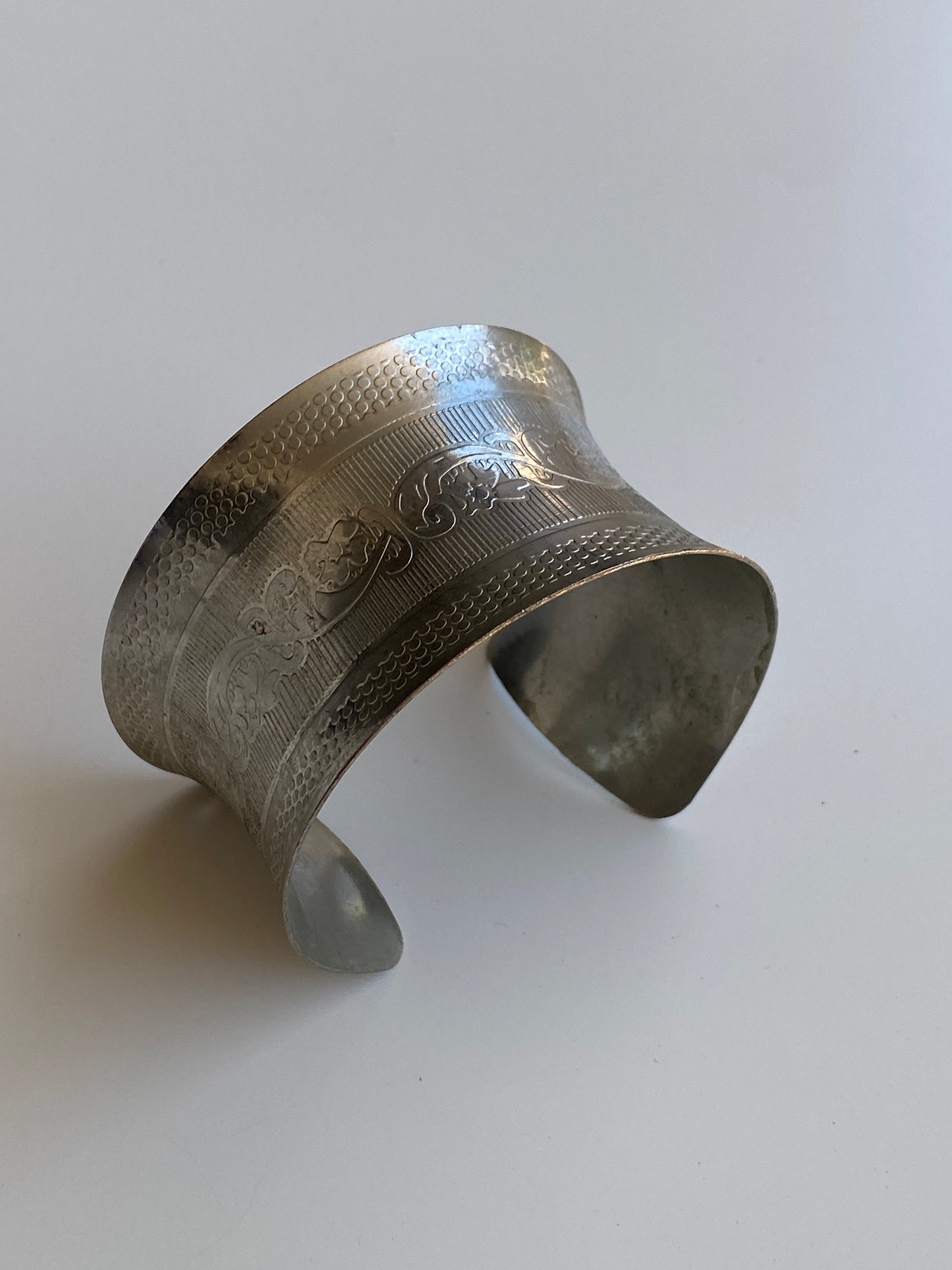 Vintage Silver-Tone Engraved Wide Statement Cuff Bracelet